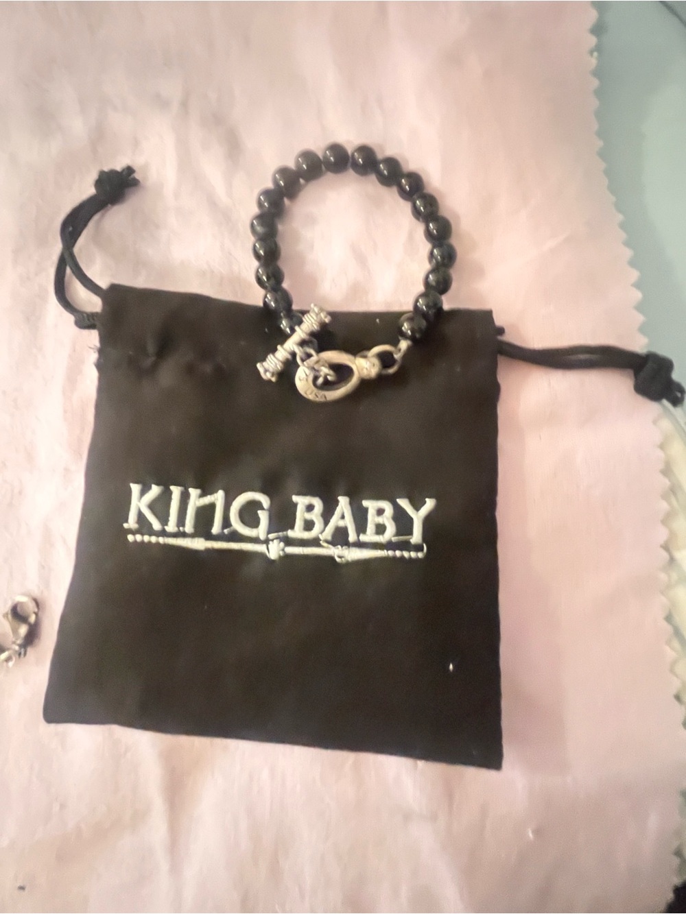 King Baby size 8 Bracelet for Men beautiful silver and onyx. Black Bead Toggle.